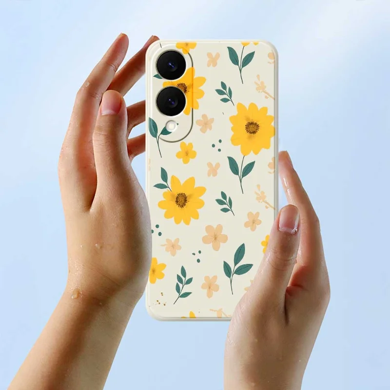 For Samsung Galaxy S25 Edge Case Yellow Floral and Leaves Pattern Printing Straight Edge TPU Phone Back Cover - Beige