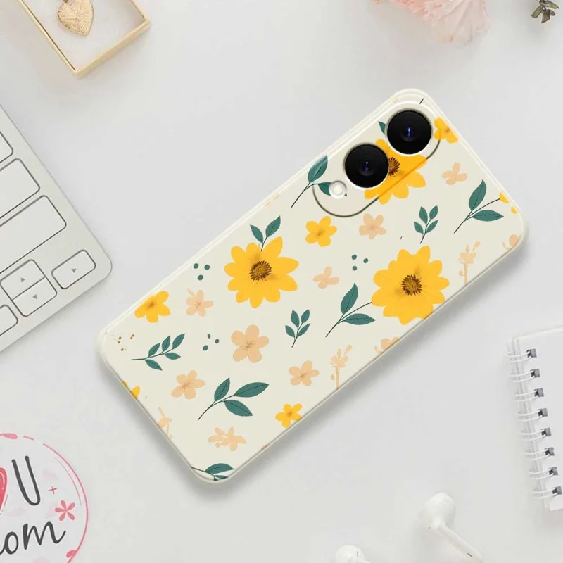 For Samsung Galaxy S25 Edge Case Yellow Floral and Leaves Pattern Printing Straight Edge TPU Phone Back Cover - Beige