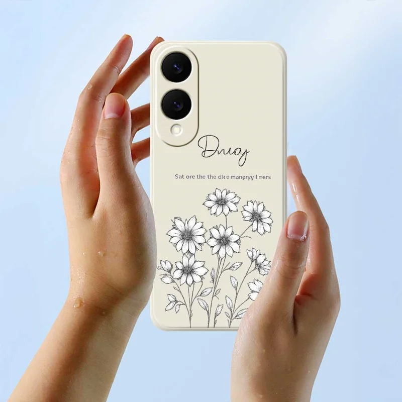 Чехол для Samsung Galaxy S25 Edge с рисунком в виде эскизных цветов, мягкий ТПУ чехол с прямым краем для задней панели телефона - Бежевый