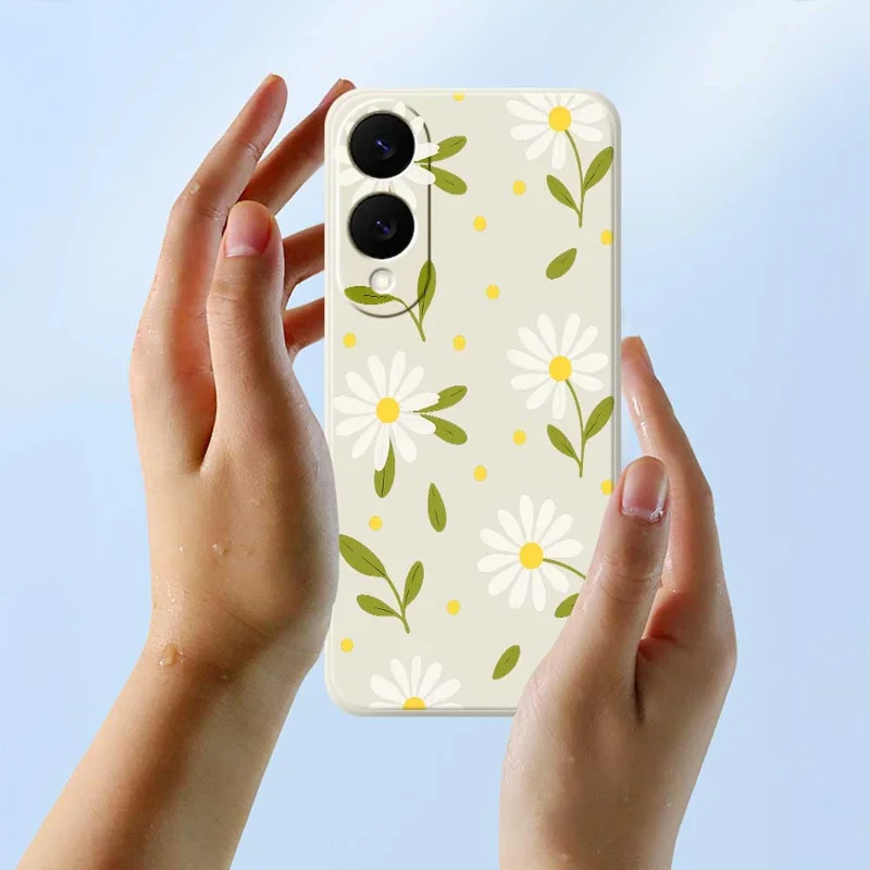 Capa para Samsung Galaxy S25 Edge em Branco com Flores e Folhas Verdes em Padrão Impresso, Borda Reta, Capa Traseira TPU para Celular - Bege