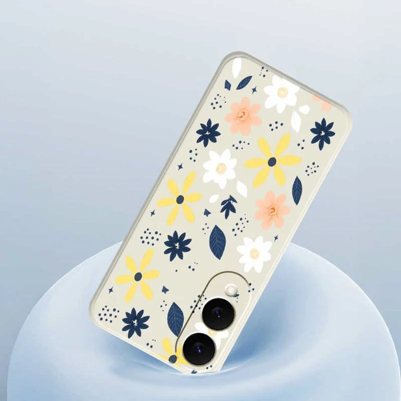 Capa para Samsung Galaxy S25 Edge com Padrão Floral Colorido de Folhas Azuis, Impressão de Borda Reta, Capa Traseira de TPU para Celular - Bege