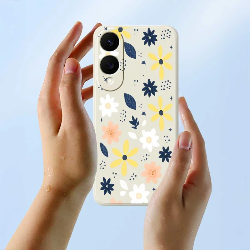 Capa para Samsung Galaxy S25 Edge com Padrão Floral Colorido de Folhas Azuis, Impressão de Borda Reta, Capa Traseira de TPU para Celular - Bege