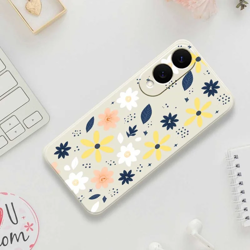 Capa para Samsung Galaxy S25 Edge com Padrão Floral Colorido de Folhas Azuis, Impressão de Borda Reta, Capa Traseira de TPU para Celular - Bege