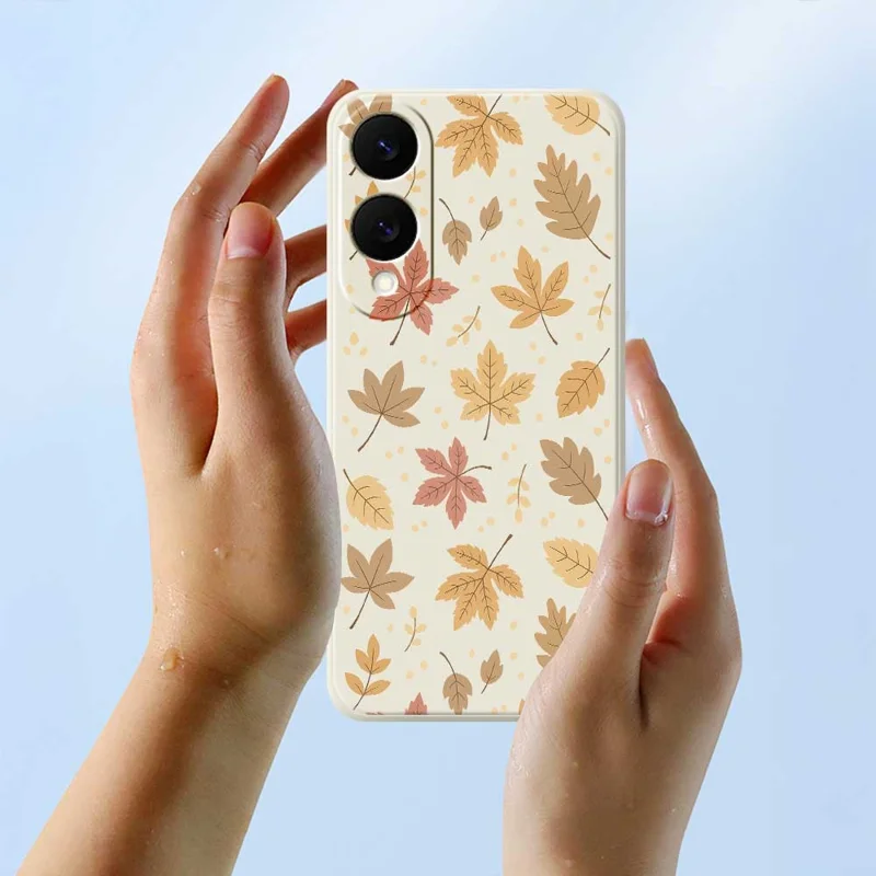 Capa para Samsung Galaxy S25 Edge com Estampa de Folhas, Borda Reta, Capa Traseira de TPU para Celular - Bege