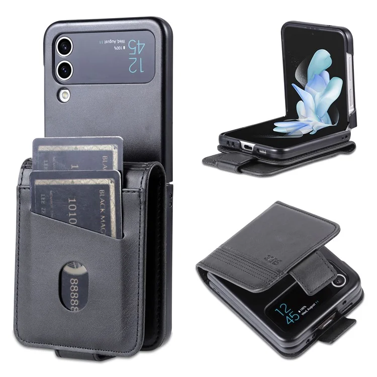 AZNS For Samsung Galaxy Z Flip4 5G Phone Case Magnetic Closure Shockproof Case Cowhide Texture PU Leather Folio Flip Cover with Card Slot - Black