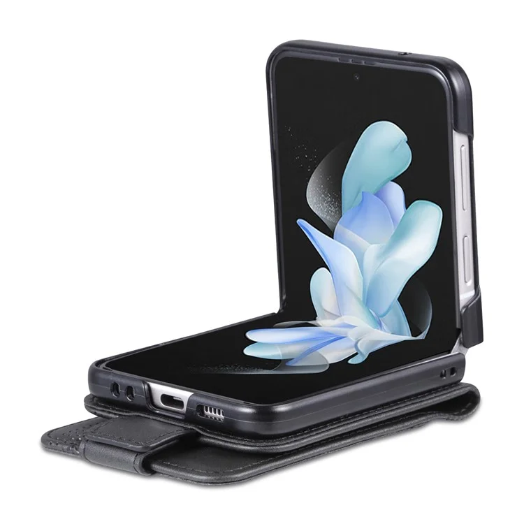 AZNS For Samsung Galaxy Z Flip4 5G Phone Case Magnetic Closure Shockproof Case Cowhide Texture PU Leather Folio Flip Cover with Card Slot - Black
