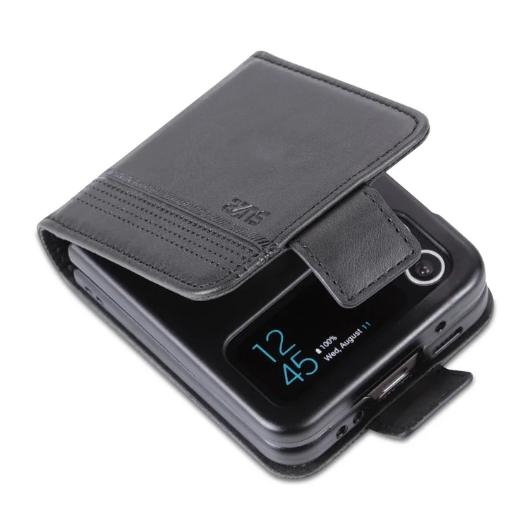 AZNS For Samsung Galaxy Z Flip4 5G Phone Case Magnetic Closure Shockproof Case Cowhide Texture PU Leather Folio Flip Cover with Card Slot - Black