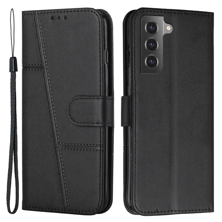 Para Samsung Galaxy S23 PU Leather Folding Stand Phone Cover Stitching Design Magnetic Closure Wallet Flip Cover with Strap - Preto