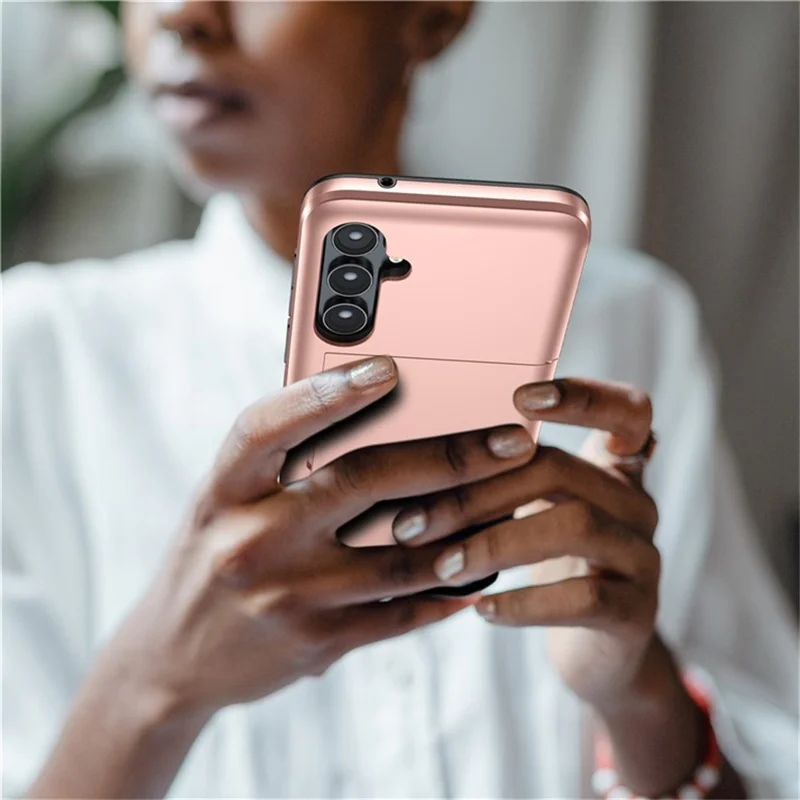 AMORUS For Samsung Galaxy S24+ Case with Sliding Card Holder PC TPU Phone Back Cover - Rose Gold