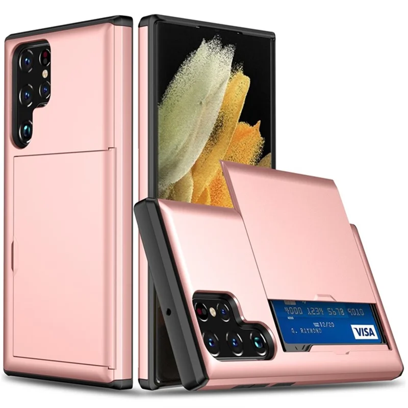 AMORUS For Samsung Galaxy S24 Ultra Case with Sliding Card Holder PC TPU Phone Back Cover - Rose Gold