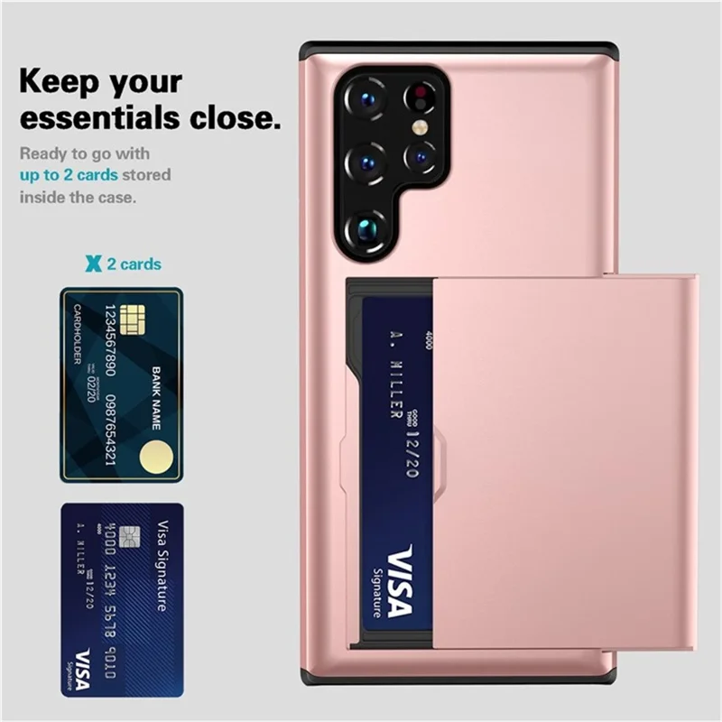 AMORUS For Samsung Galaxy S24 Ultra Case with Sliding Card Holder PC TPU Phone Back Cover - Rose Gold