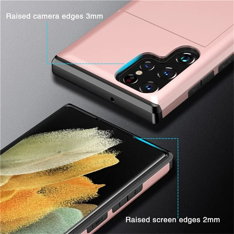 AMORUS For Samsung Galaxy S24 Ultra Case with Sliding Card Holder PC TPU Phone Back Cover - Rose Gold