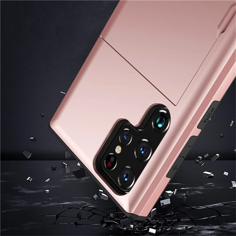AMORUS For Samsung Galaxy S24 Ultra Case with Sliding Card Holder PC TPU Phone Back Cover - Rose Gold