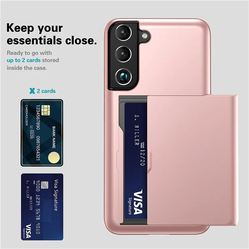 AMORUS For Samsung Galaxy S22+ 5G Case with Sliding Card Holder PC TPU Phone Back Cover - Rose Gold