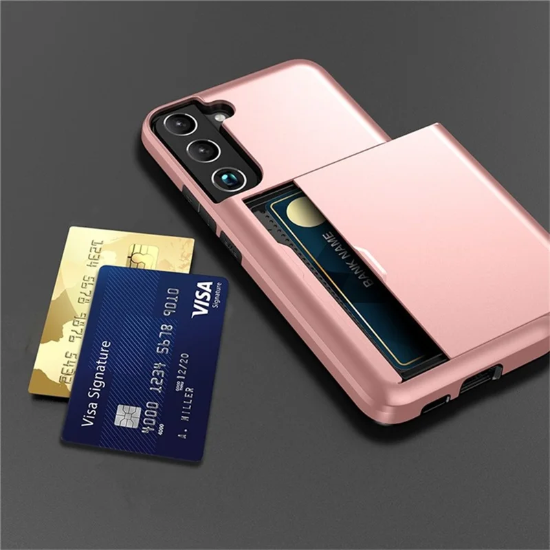 AMORUS For Samsung Galaxy S22+ 5G Case with Sliding Card Holder PC TPU Phone Back Cover - Rose Gold