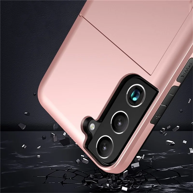 AMORUS For Samsung Galaxy S22+ 5G Case with Sliding Card Holder PC TPU Phone Back Cover - Rose Gold