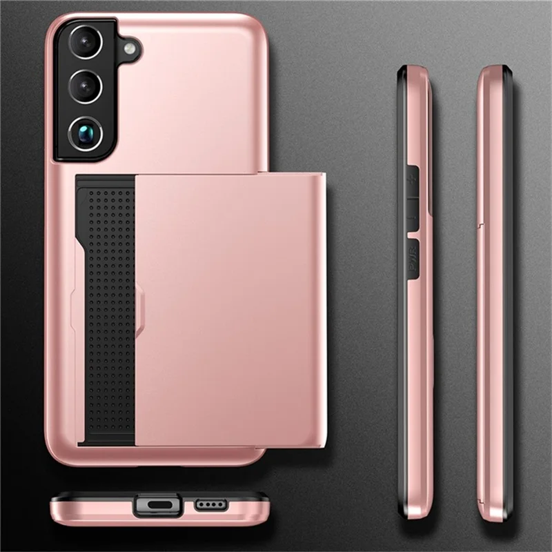 AMORUS For Samsung Galaxy S22+ 5G Case with Sliding Card Holder PC TPU Phone Back Cover - Rose Gold