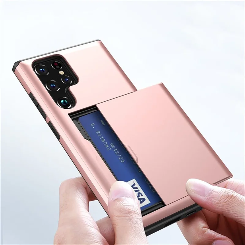 AMORUS For Samsung Galaxy S22 Ultra 5G Case with Sliding Card Holder PC TPU Phone Back Cover - Rose Gold