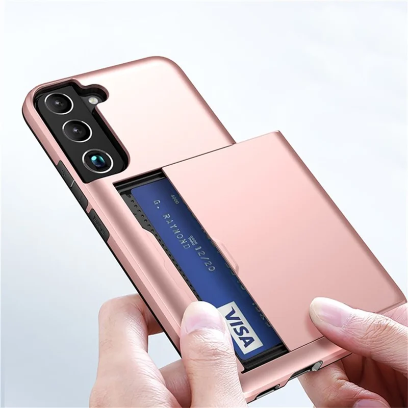 AMORUS For Samsung Galaxy S21 5G Case with Sliding Card Holder PC TPU Phone Back Cover - Rose Gold