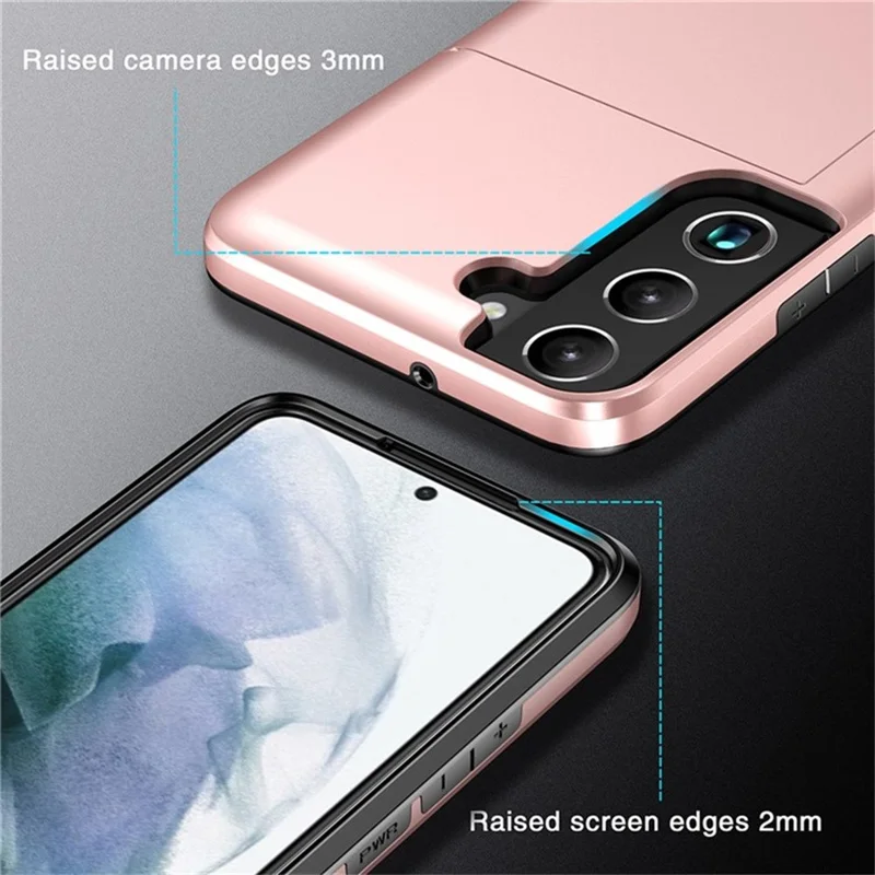 AMORUS For Samsung Galaxy S21 5G Case with Sliding Card Holder PC TPU Phone Back Cover - Rose Gold