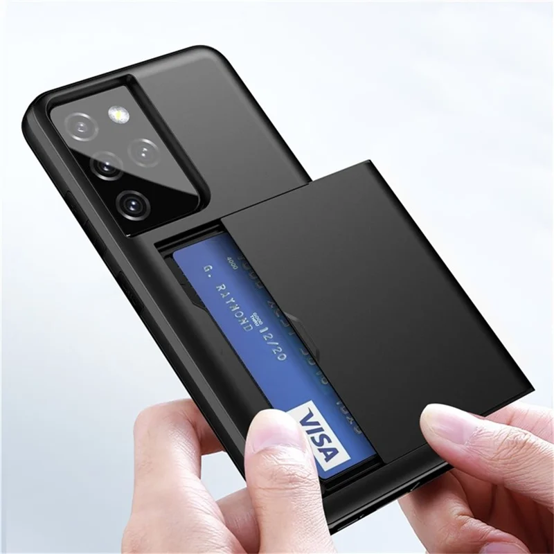 AMORUS For Samsung Galaxy S21 Ultra 5G Case with Sliding Card Holder PC TPU Phone Back Cover - White