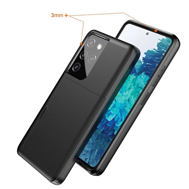 AMORUS For Samsung Galaxy S21 Ultra 5G Case with Sliding Card Holder PC TPU Phone Back Cover - White