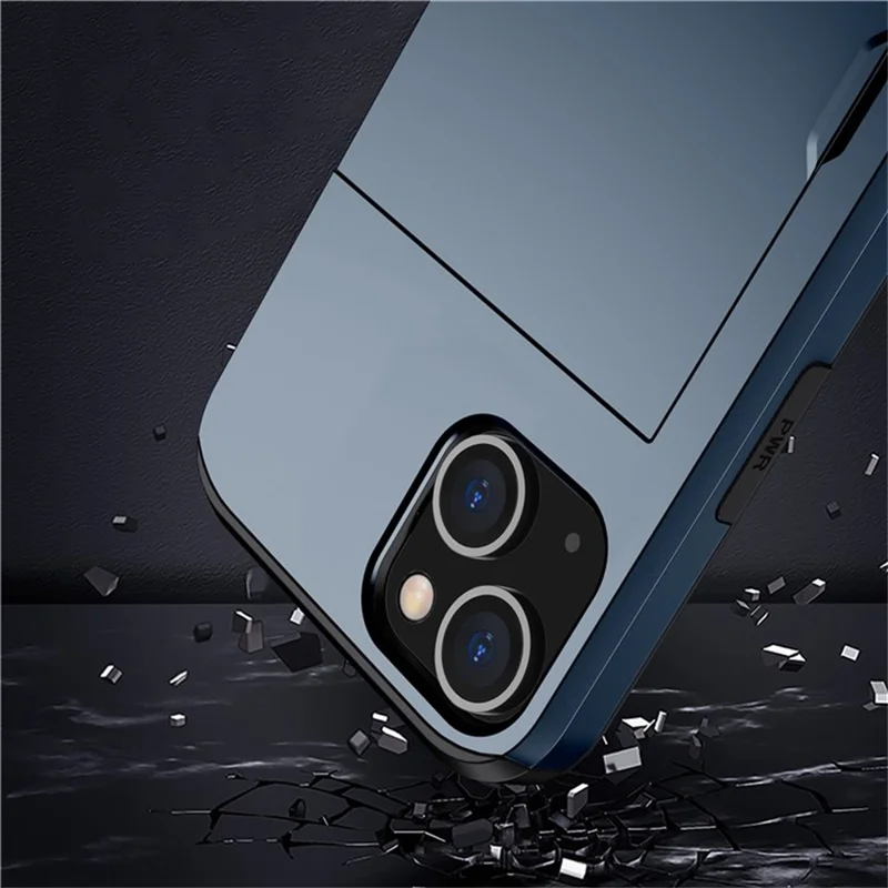 AMORUS For iPhone 13 mini Case with Sliding Card Holder PC TPU Phone Back Cover - Navy Blue