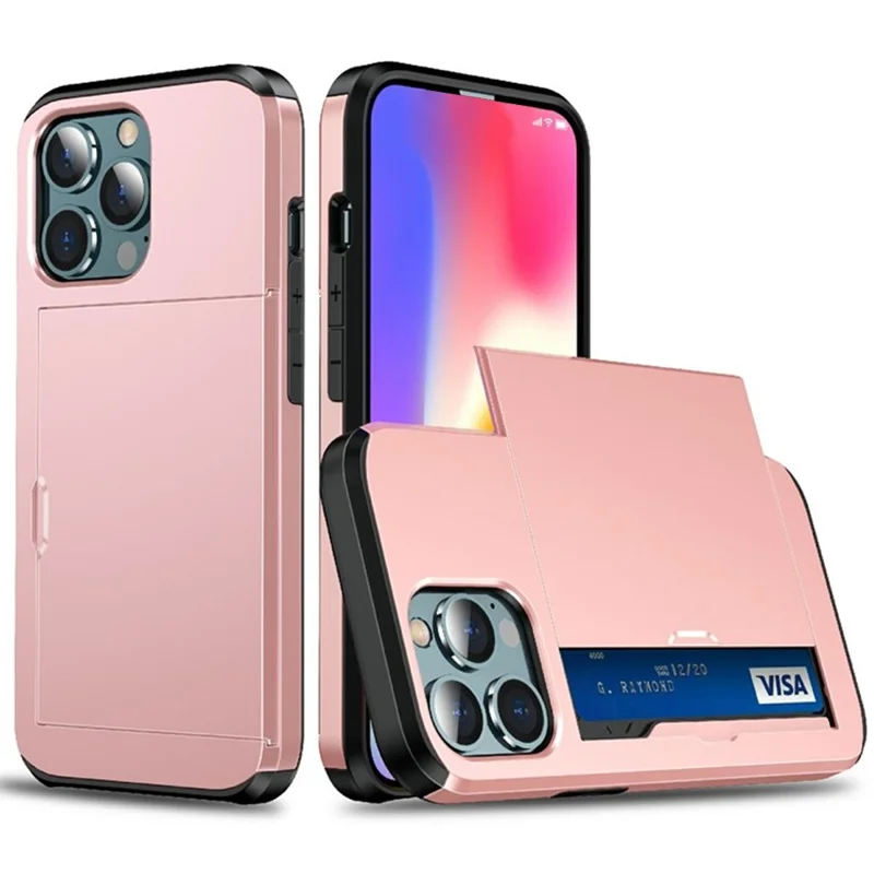 AMORUS For iPhone 13 Pro Case with Sliding Card Holder PC TPU Phone Back Cover - Rose Gold