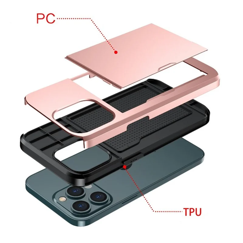 AMORUS For iPhone 13 Pro Max Case with Sliding Card Holder PC TPU Phone Back Cover - Rose Gold