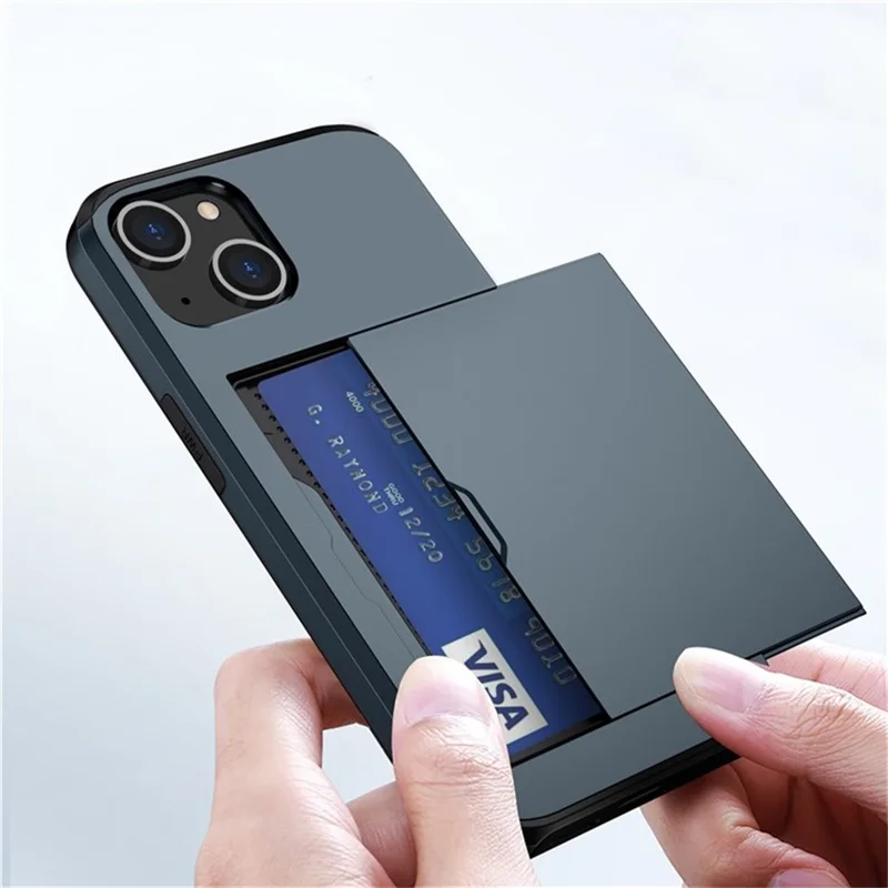 AMORUS Per iPhone 15 Custodia con Porta Carte Scorrevole Custodia Posteriore in PC TPU - Blu Navy