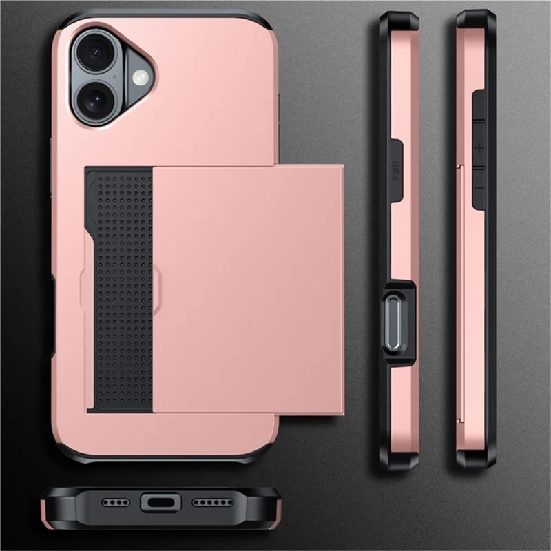 AMORUS For iPhone 16 Case with Sliding Card Holder PC TPU Phone Back Cover - Rose Gold