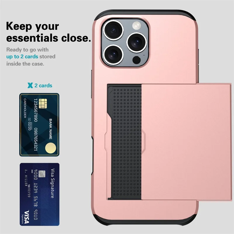 AMORUS For iPhone 16 Pro Case with Sliding Card Holder PC TPU Phone Back Cover - Rose Gold