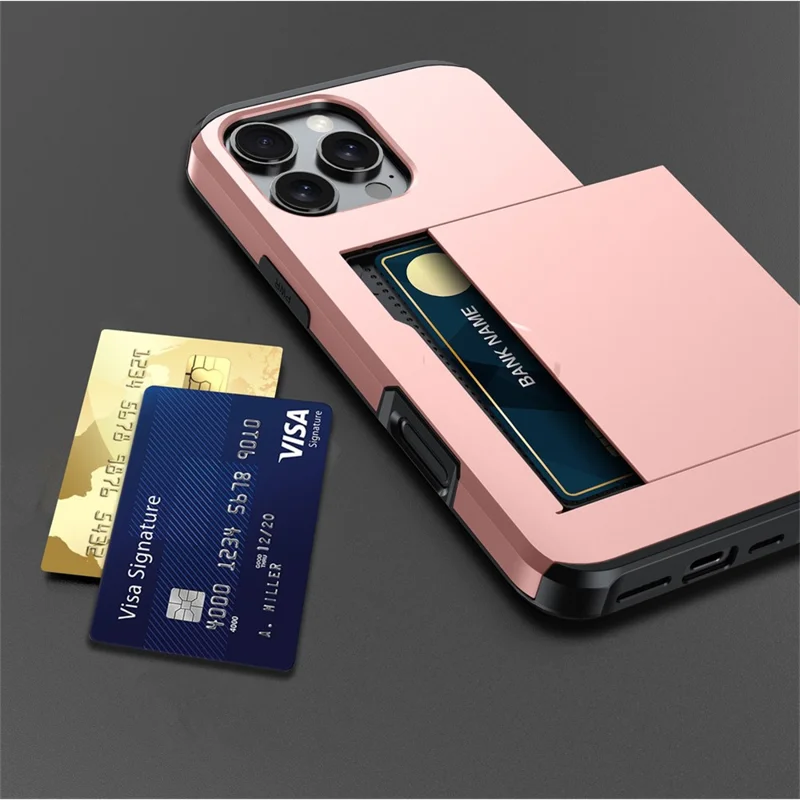 AMORUS For iPhone 16 Pro Case with Sliding Card Holder PC TPU Phone Back Cover - Rose Gold
