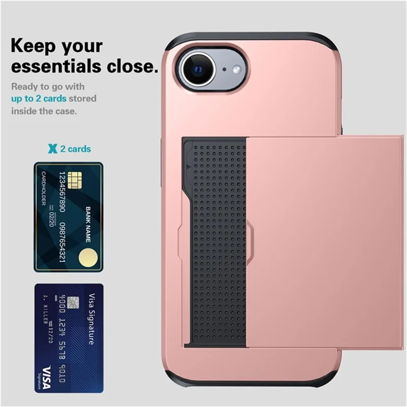 AMORUS For iPhone 16e Case with Sliding Card Holder PC TPU Phone Back Cover - Rose Gold