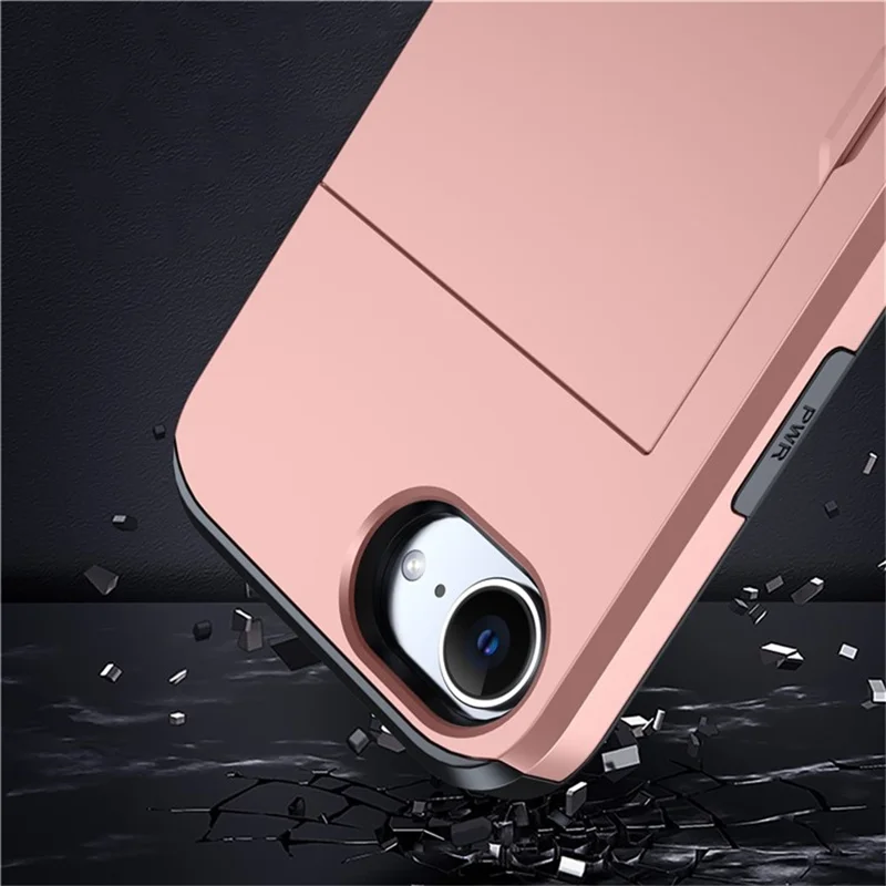 AMORUS For iPhone 16e Case with Sliding Card Holder PC TPU Phone Back Cover - Rose Gold