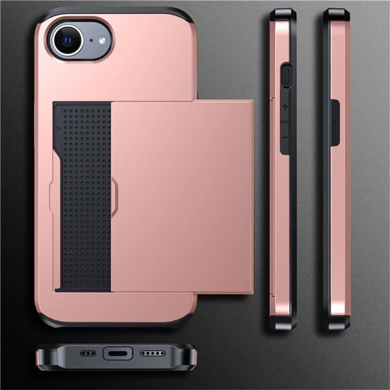 AMORUS For iPhone 16e Case with Sliding Card Holder PC TPU Phone Back Cover - Rose Gold