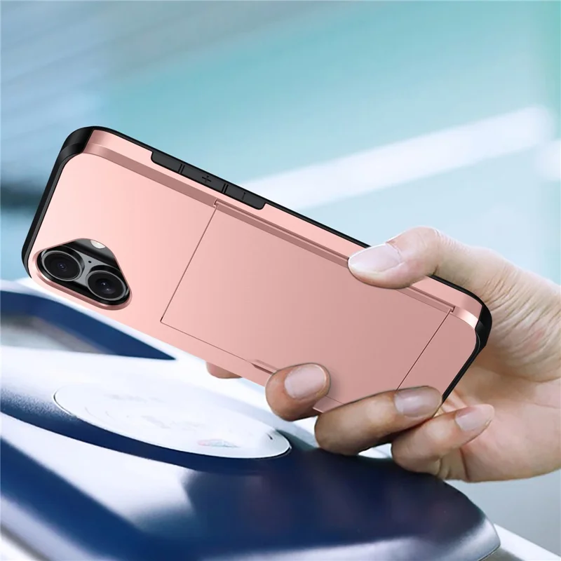 AMORUS для iPhone 17 с выдвижным держателем для карт, ПК + ТПУ чехол для телефона - Розовое золото