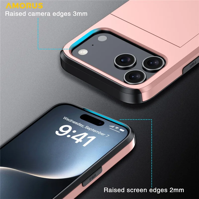 AMORUS For iPhone 18 Pro / 17 Pro Case with Sliding Card Holder PC TPU Phone Back Cover - Black