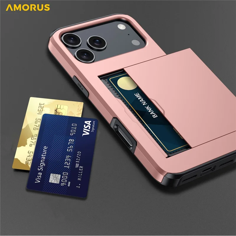 AMORUS For iPhone 18 Pro / 17 Pro Case with Sliding Card Holder PC TPU Phone Back Cover - Black