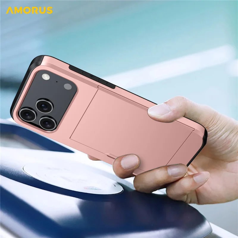 AMORUS For iPhone 18 Pro / 17 Pro Case with Sliding Card Holder PC TPU Phone Back Cover - Black