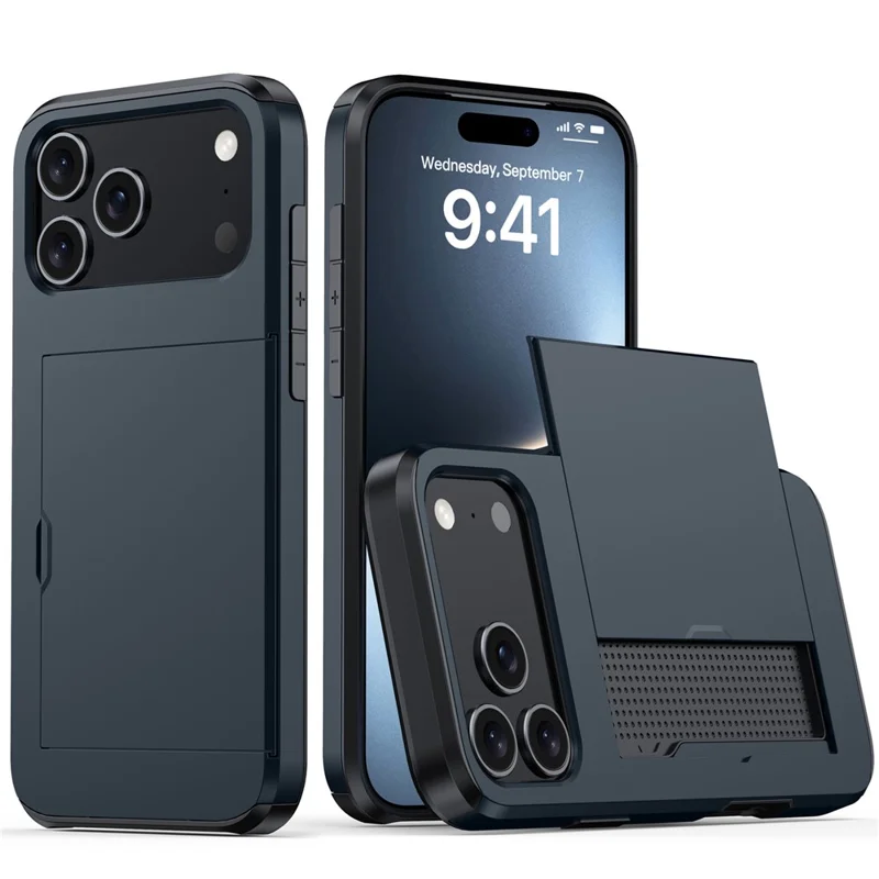 AMORUS For iPhone 17 Pro Max Case with Sliding Card Holder PC TPU Phone Back Cover - Navy Blue