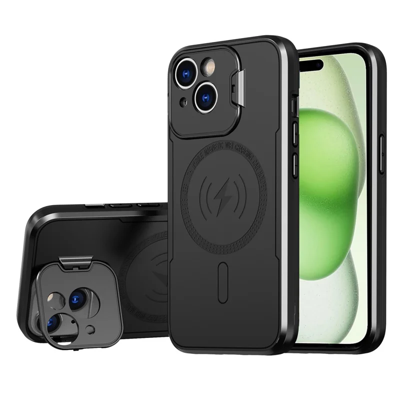 Bulk Purchasing For iPhone 15 Magnetic Case with Lens Guard Kickstand PC + TPU Phone Back Cover - Black