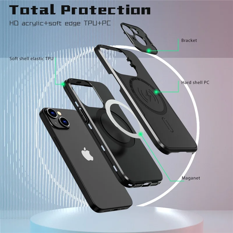 Bulk Purchasing For iPhone 15 Magnetic Case with Lens Guard Kickstand PC + TPU Phone Back Cover - Black