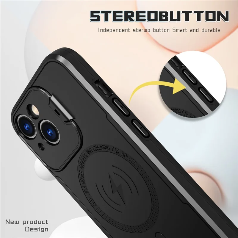 Bulk Purchasing For iPhone 15 Magnetic Case with Lens Guard Kickstand PC + TPU Phone Back Cover - Black