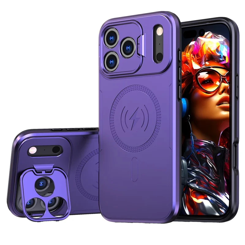 Bulk Purchasing For iPhone 17 Pro Magnetic Case with Lens Guard Kickstand PC + TPU Phone Back Cover - Purple