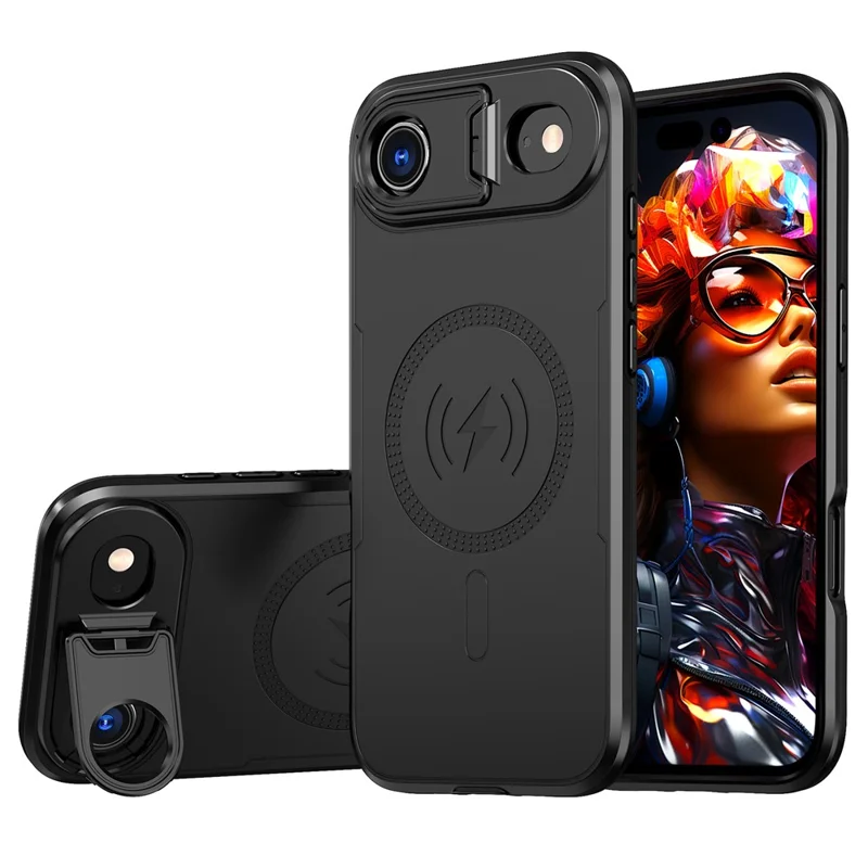 Bulk Purchasing For iPhone Air Magnetic Case with Lens Guard Kickstand PC + TPU Phone Back Cover - Black