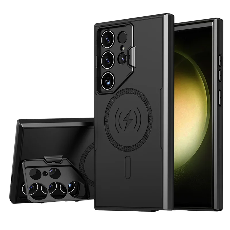 Bulk Purchasing For Samsung Galaxy S25 Ultra Magnetic Case with Lens Guard Kickstand PC + TPU Phone Back Cover - Black