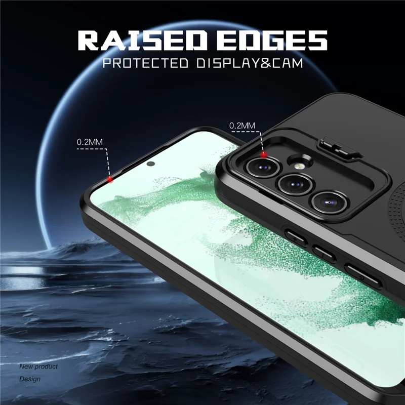 Acquisto all'ingrosso per Samsung Galaxy A35 5G Cover posteriore per telefono con custodia magnetica, protezione obiettivo e supporto - PC + TPU - Nero