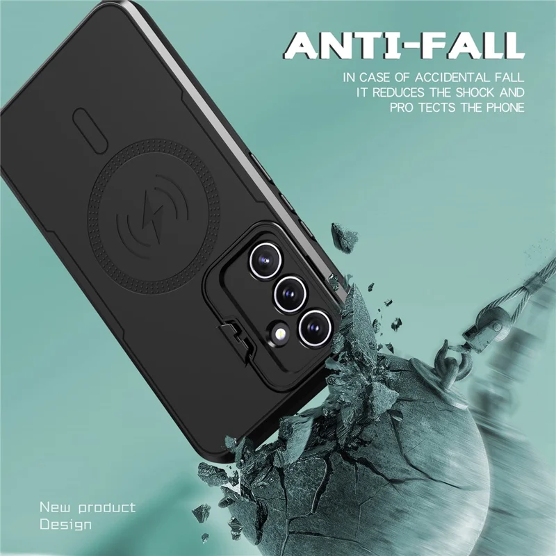 Acquisto all'ingrosso per Samsung Galaxy A35 5G Cover posteriore per telefono con custodia magnetica, protezione obiettivo e supporto - PC + TPU - Nero
