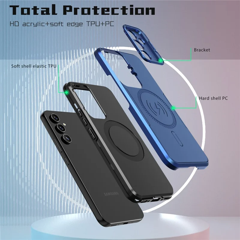 Acquisto all'ingrosso per Samsung Galaxy A35 5G Cover posteriore per telefono con custodia magnetica, protezione obiettivo e supporto - PC + TPU - Nero